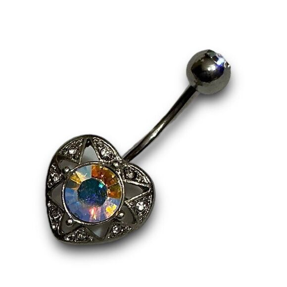 Pierced Nation Heart Shaped Aurora Borealis Cubic Zirconia CZ 14 Gauge Belly But - Picture 8 of 9
